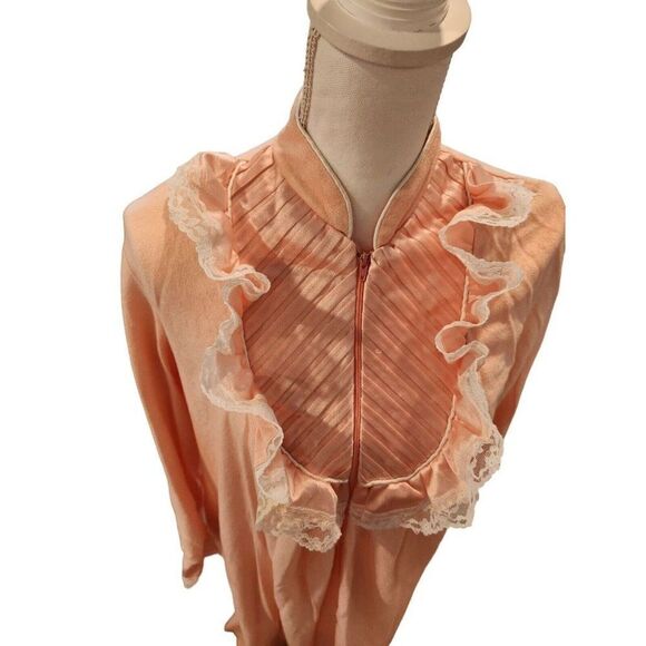 Vintage 80s Suzanne Beth Coral Pink Half Zip Fleece Robe Satin Lace M - Picture 2 of 9